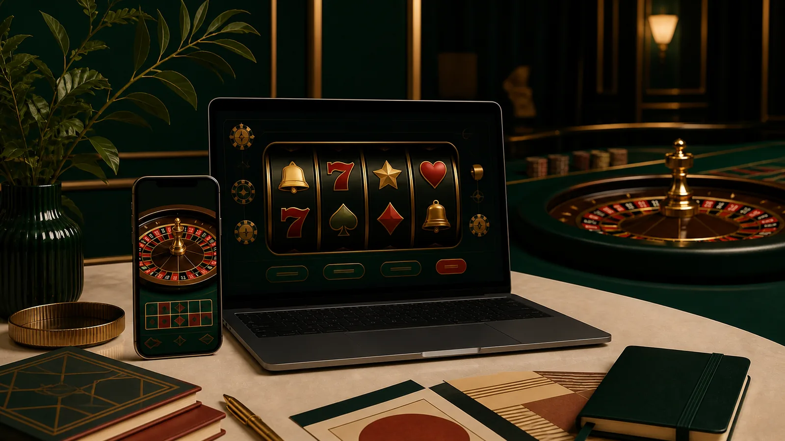Ilustrasi editorial suasana casino digital untuk panduan KKSLOT777